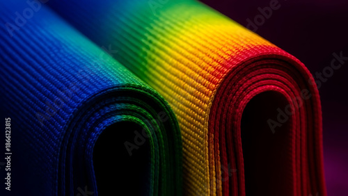 Vibrant yoga mats in rainbow colors rolled up