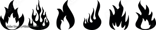 Set of fire flame vector icons. Fire flame symbol. Bonfire silhouette logotype. Collection of fire and flame icons. Bonfire icons, flaming elements.