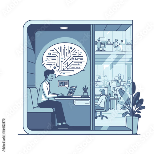 Flat 2D graphic scene illustrating a professional conducting a virtual meeting from a quiet soundproof booth, symbolized by a speech bubble graphic, while the busy main office floor is visible outside