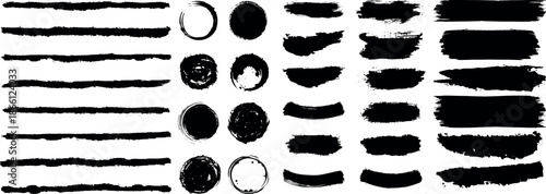 Abstract grunge paint brush stroke set. Graphic element design with ink splatter or splash, circle, line and frame. Creative vector shape or background art illustration template. 