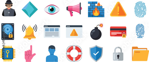 Cyber security and warning icon set illustration, data protection, privacy alert, hacker threat, firewall safety, authentication, flat design, digital security concept