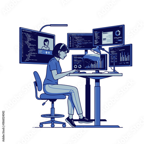 Focused young female programmer working efficiently on complex data and code at an ergonomic standing desk, depicted in a clean 2D graphic flat scene illustration