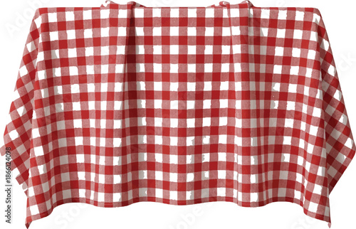 A vintage red and white gingham checkered tablecloth with a textured cotton fabric pattern provides a classic retro aesthetic for a kitchen restaurant menu or a picnic blanket textile design