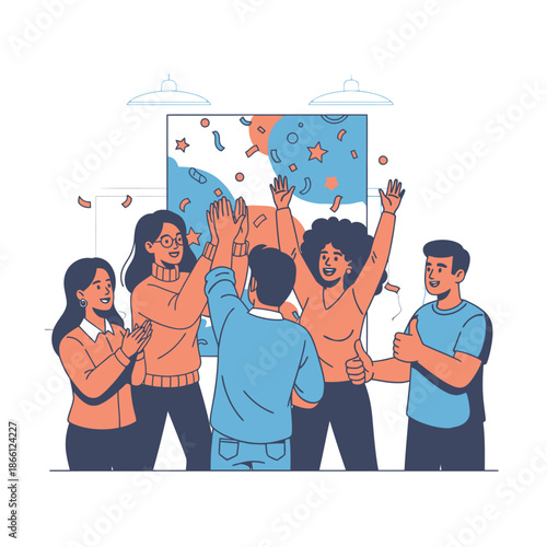 Happy, diverse business team celebrates a major project milestone completion with high fives and cheering in a modern office zone, depicted in a vibrant 2D flat graphic illustration