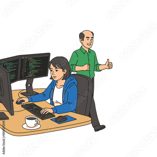 Intense female software developer focusing on dual computer monitors at her ergonomic desk while a supportive male manager quickly gives a thumbs up in this 2D flat graphic scene