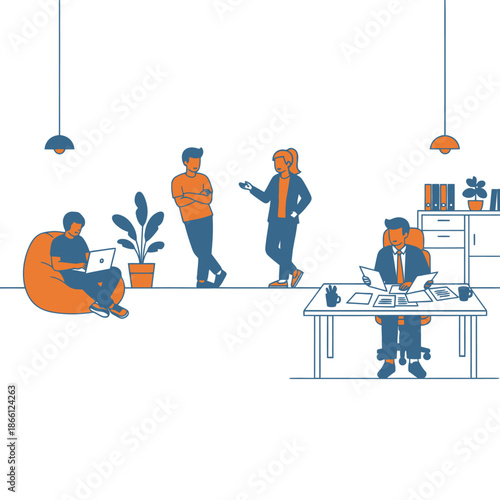 Modern open plan office floor 2D flat graphic scene depicting diverse employees collaborating, managing, and working remotely on a beanbag with ample white copy space
