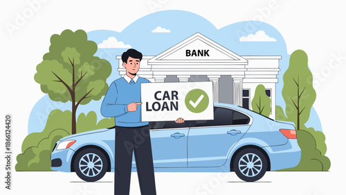 Car Loan approval vector illustration showing a man holding a sign with a checkmark next to a car and a bank building