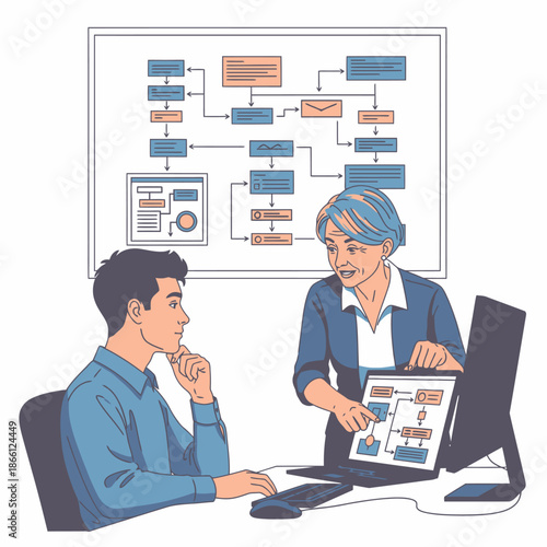 Senior female manager patiently explaining a complicated workflow on a laptop screen to a young new hire employee in a flat 2D graphic illustration of an office environment