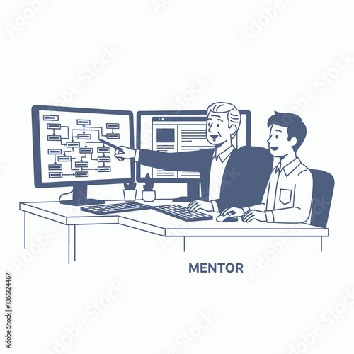 Senior professional guides a new employee through a corporate onboarding process at a dual monitor workstation, explaining a complex workflow diagram in this clean 2D flat graphic scene