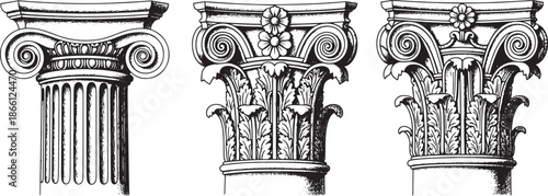 Three ancient greek ionic columns with ornate capitals and scrolls