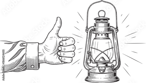 hand giving thumbs up next to old lantern