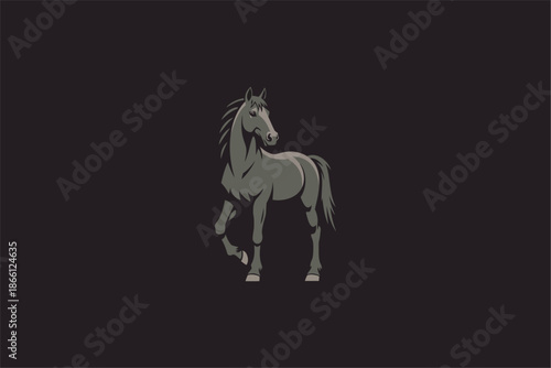 Stylish horse logo illustration on dark background, symbol of strength, speed, and elegance, suitable for branding, emblem, mascot, sport logo, and luxury design. Vector illustration.