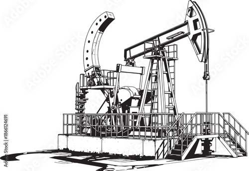 oil pump jack in an industrial setting with metal railings