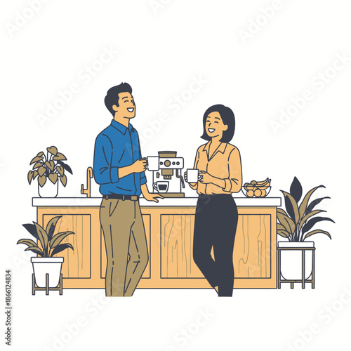 Vibrant 2D flat graphic illustration depicts two happy colleagues laughing during a positive informal discussion while holding coffee mugs in a brightly lit office break area