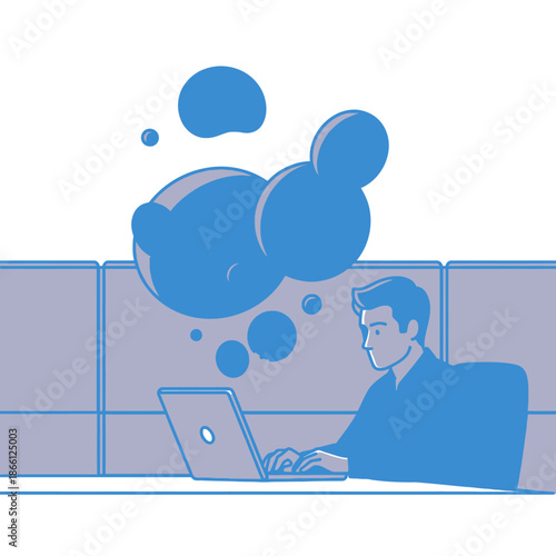 2D flat graphic illustration showing a male project manager leading a vital global motion conference call from his corporate cubicle, symbolizing seamless digital communication