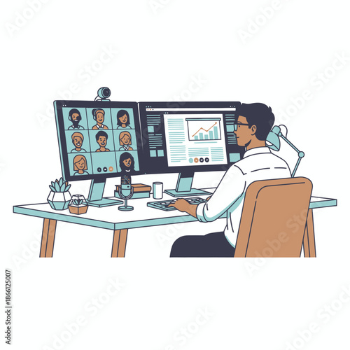 Vibrant flat 2D illustration shows a young professional conducting a motion conference with smiling remote team members on large screens, emphasizing a seamless hybrid work environment