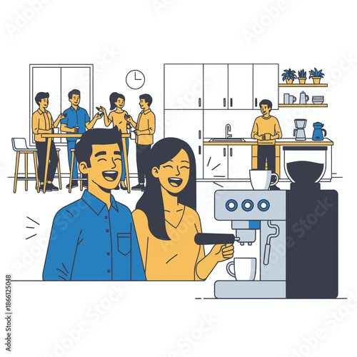 A 2D flat graphic illustration of young office colleagues laughing and queuing for coffee at a stylish espresso machine in a bright, modern break room setting