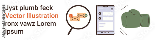 Data analysis, communication, conflict resolution, email security, digital platforms, inspection. A magnifying glass over envelopes, a mobile app and boxing gloves. Communication and conflict
