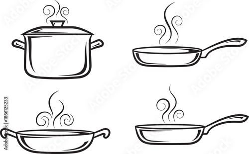four kitchen cooking pots and pans with steam rising
