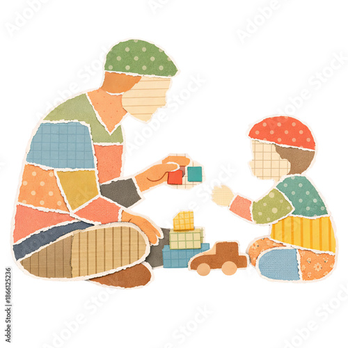 Father and child playing with toy blocks paper collage
