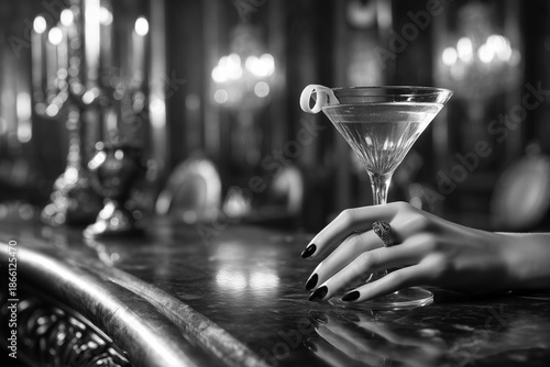 Stylish black and white photo of an elegant hand with dark nails and ring resting beside a martini glass on a marble bar in a luxurious, candlelit setting.