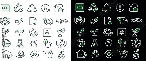 Eco Friendly Line Icon Set with Sustainability, Recycling, and Green Energy Symbols Illustration, black and white, transporent backgound, png forrmat