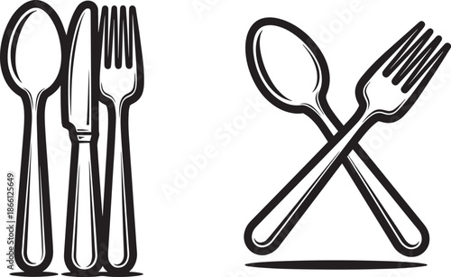 Spoon fork and knife utensils crossed and grouped