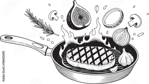 grilled steak in frying pan with vegetables