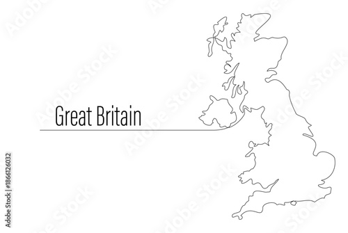 United Kingdom map single continuous line drawing. Great Britain and Northern Ireland one line contour map, shape of country. Map silhouette of European state, EU. Country drawing editable stroke