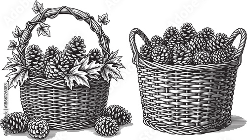 woven baskets filled with pine cones and leaves
