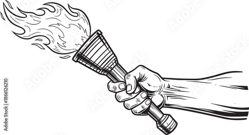 hand holding a burning torch with flame