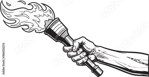 hand holding a large torch with flame coming out