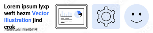 Analytics screen with a chart, gear representing settings, and a happy face for user satisfaction. Ideal for tech services, UI design, software, data, optimization, user experience simple landing