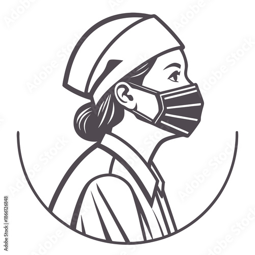 A monochromatic illustration of a healthcare worker in profile, wearing a surgical cap, face mask, and medical uniform symbolizing professionalism, dedication, and the vital role of medical personnel.