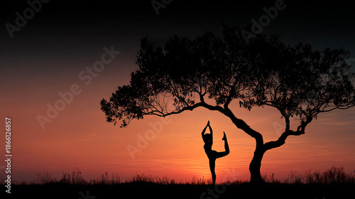 A person practices yoga under a tree during a peaceful sunset in a serene natural setting outdoors