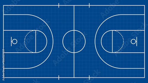 Clean basketball court line diagram with full markings and blueprint-style layout, suitable for coaching materials, sports graphics, strategy planning, and educational designs.