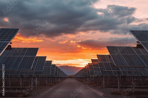 Rows of photovoltaic solar panels generating renewable energy during a beautiful sunset with dramatic clouds. Sustainable electricity power plant concept in a natural landscape
