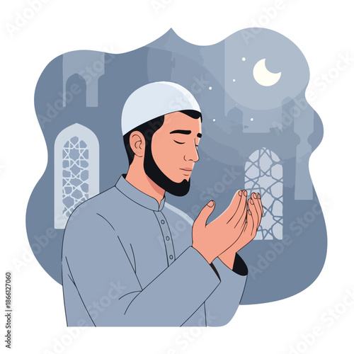 A devout Muslim man engaged in peaceful prayer and profound contemplation, hands raised in humble supplication, seeking spiritual connection and inner tranquility during a sacred moment of devotion