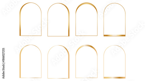 Elegant golden arch frames set, luxury minimalist wedding invitation border templates with metallic gradient