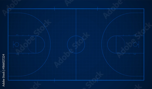 Basketball court blueprint style background with glowing blue line markings and grid layout on dark surface
