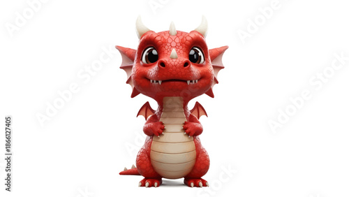 Cute 3D Red Baby Dragon Character Standing on White Background