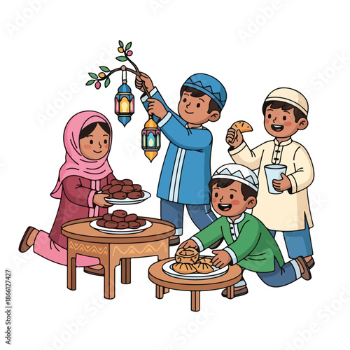 Joyful Muslim Children Celebrating a Festive Occasion, Sharing Traditional Dates and Sweets, Embracing Community Spirit and Islamic Traditions