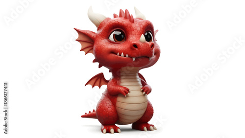 Cute 3D Red Baby Dragon Character Standing on White Background
