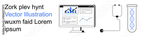 Data analysis, biotechnology, medical research, genetic engineering, healthcare, laboratory work. Computer screen with charts, DNA helix IV drip. Data analysis and biotechnology concept