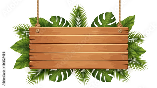 A realistic yet stylized illustration of a hanging wooden signboard