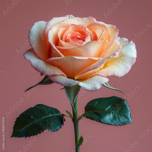Peach rose with dewdrops on petals, single bloom on stem, soft gradient petals, romantic floral closeup, delicate texture