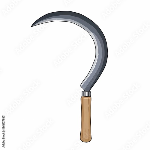 Curved Steel Sickle with Wooden Handle Isolated on White Background