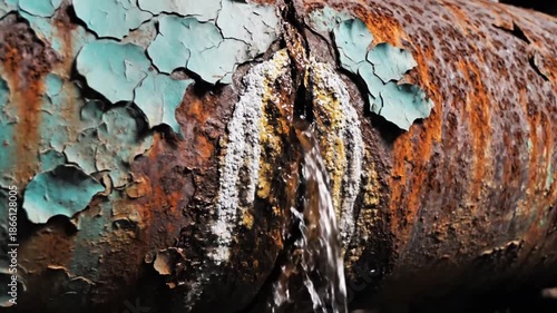 Corroded, rusty metal pipe with peeling paint actively leaking water, illustrating infrastructure decay and urgent maintenance