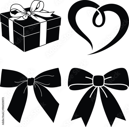 Gift box and bows with heart shape isolated