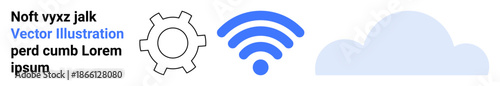 Minimalistic gear, wireless signal, and cloud icons representing cloud technology, automation, connectivity, digital solutions, internet access, communication data transfer. Ideal for a simple